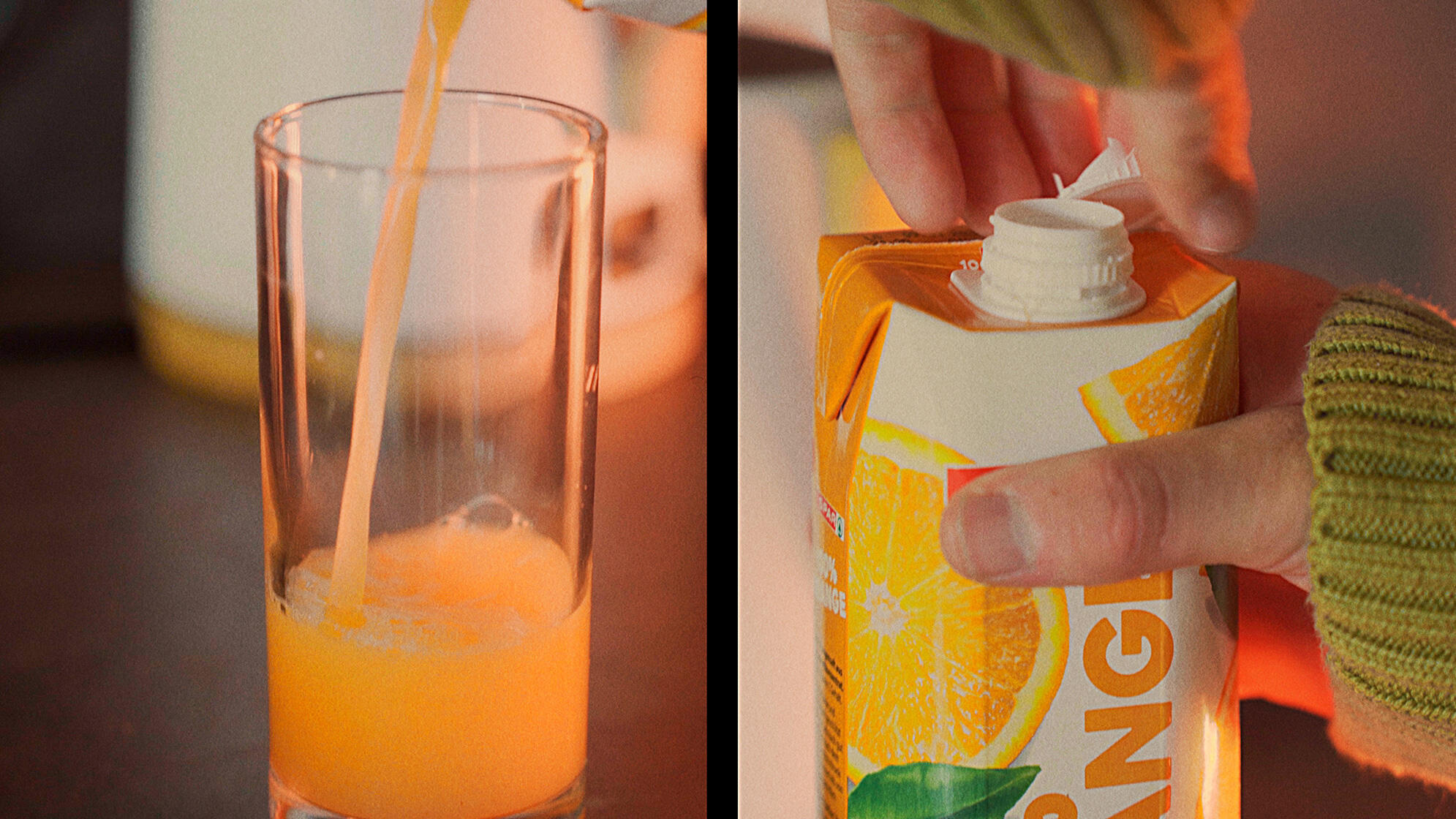 Split Screen - Orangensaft öffnen und einschenken closeup
