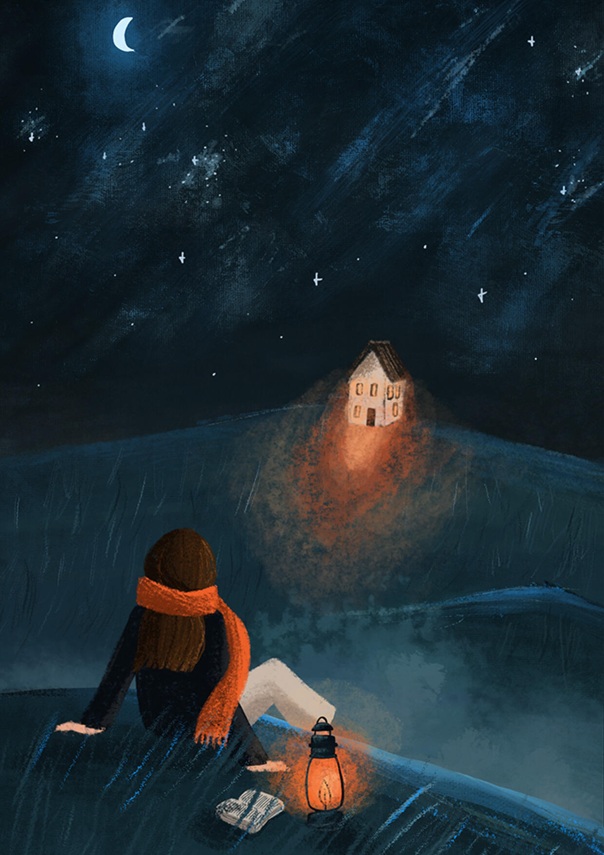 © Chiara Fuchs 2025 Frau schaut auf einsames, beleuchtetes Haus in einer dunklen Nacht
