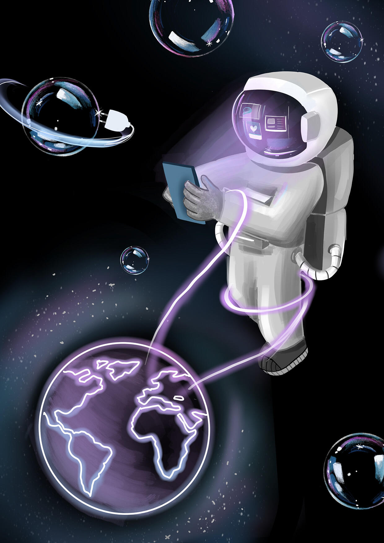 © Chiara Fuchs 2021 Astronaut im Weltall, ist durch sein Handy an die Erde gefesselt bzw. in der digitalen Welt gefangen