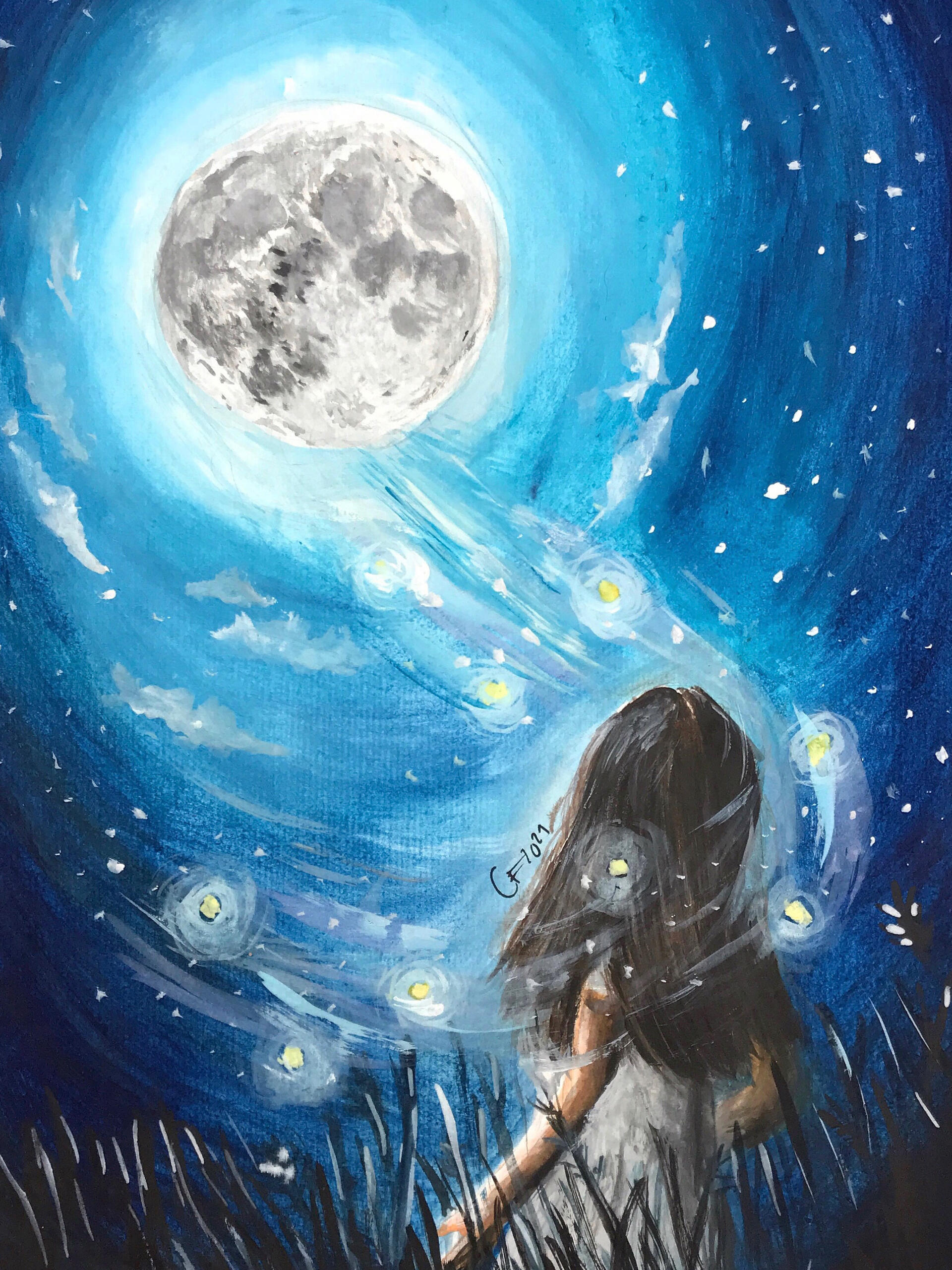 © Chiara Fuchs 2021 Frau in einem Feld sie schaut Mond und Glühwürmchen verteilen sich um sie